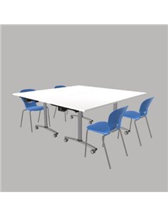 2 Tavoli Tiglio Piano Ribalt 180X90cm H77,7Cm, Gambe Grigie Con Ruote E 4 Sedute Ginkgo Blu H.46 K-2T.Ml.Rb4Sd.St.180180